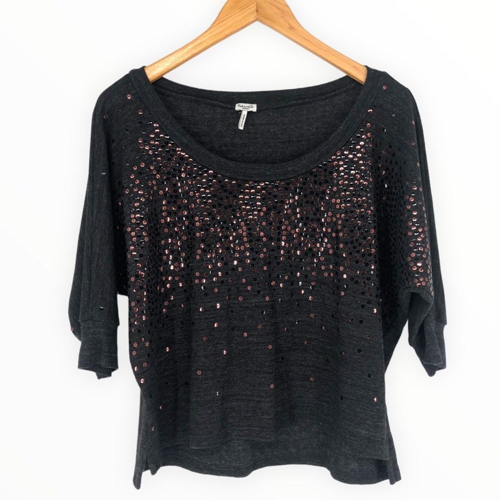 Splendid Grey Metallic Sequin 3/4 Sleeve Wide Neck Sweater size Medium